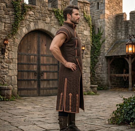 Medieval Gambeson Costume With Brown Leather Trim: Renfaire Larp for Halloween Costume