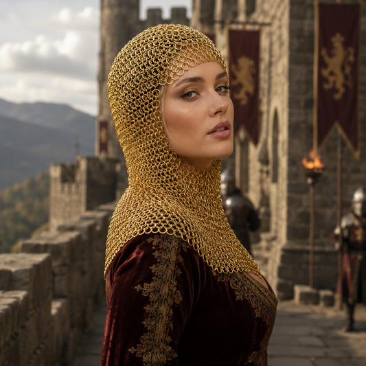 Ren Faire Brass Chainmail Coif – 9mm Flat Riveted with Washer