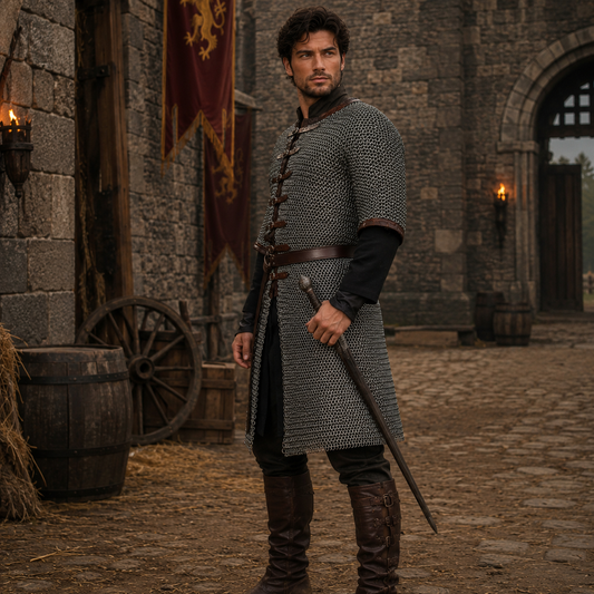 Medieval 9mm Chainmail Hauberk - Flat Riveted Mild Steel Armor - SCA Combat & Reenactment - Half Sleeve