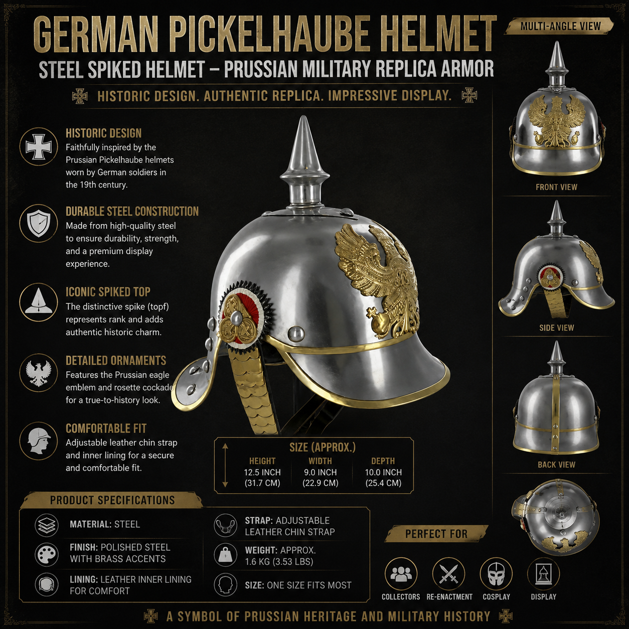 German Pickelhaube Helmet Steel Spiked Helmet Prussian Military Replica Armor