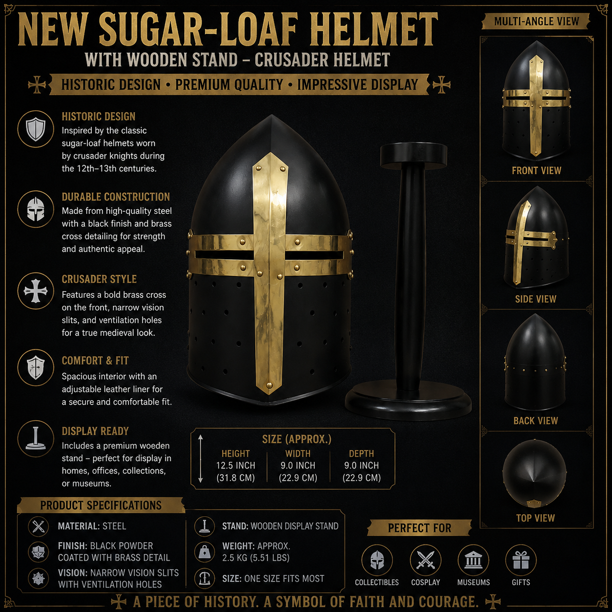 New Suger-loaf Helmet With Wooden Stand , Crusader Helmet