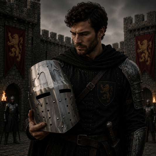 Crusader Helmet with wooden stand – Knights Templar Practice Armor for Reenactment & Cosplay