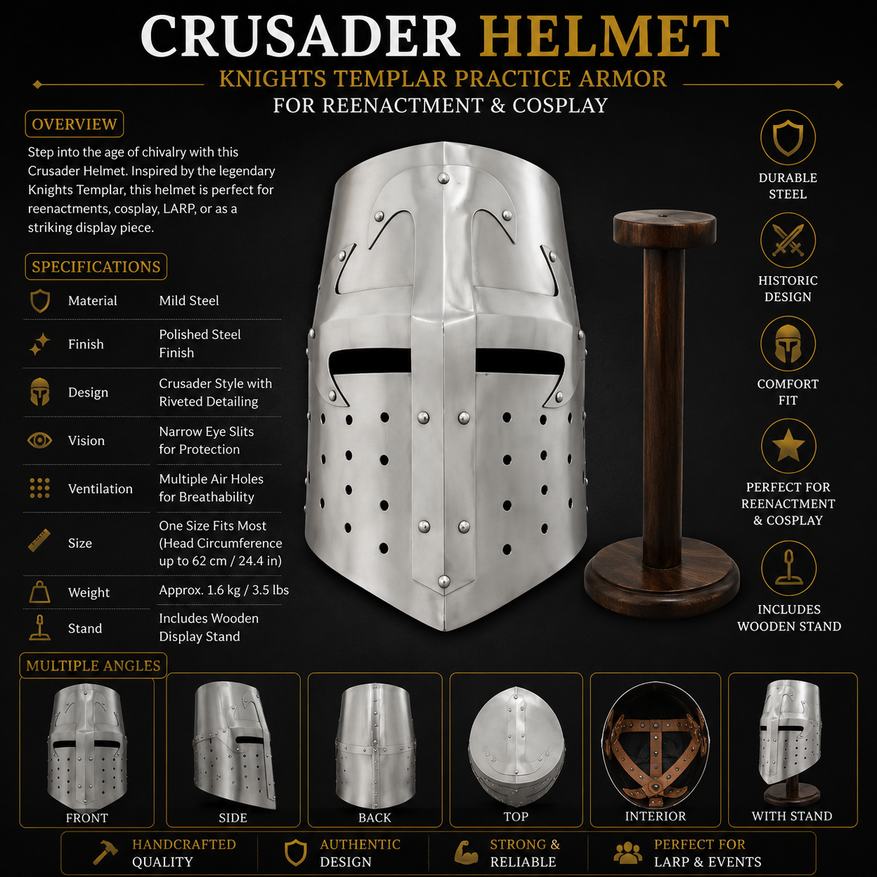 Crusader Helmet with wooden stand – Knights Templar Practice Armor for Reenactment & Cosplay