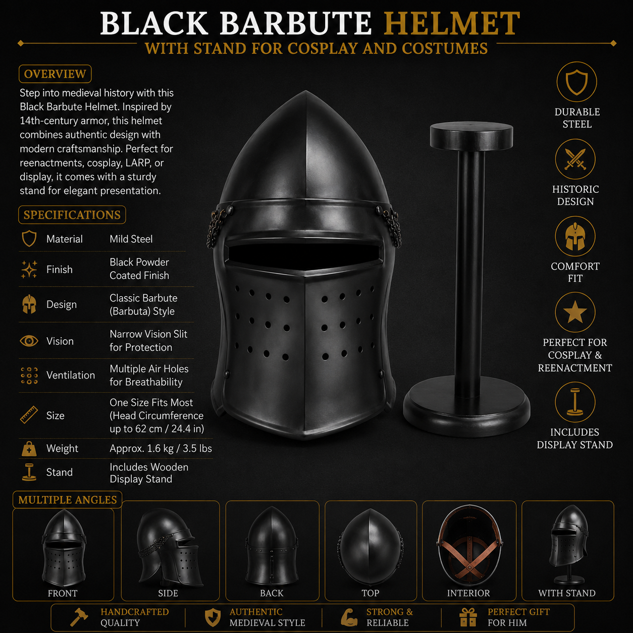 Black Barbute Helmet | Barbuta Reenactment Helmet | With Stand For Cosplay And Costumes
