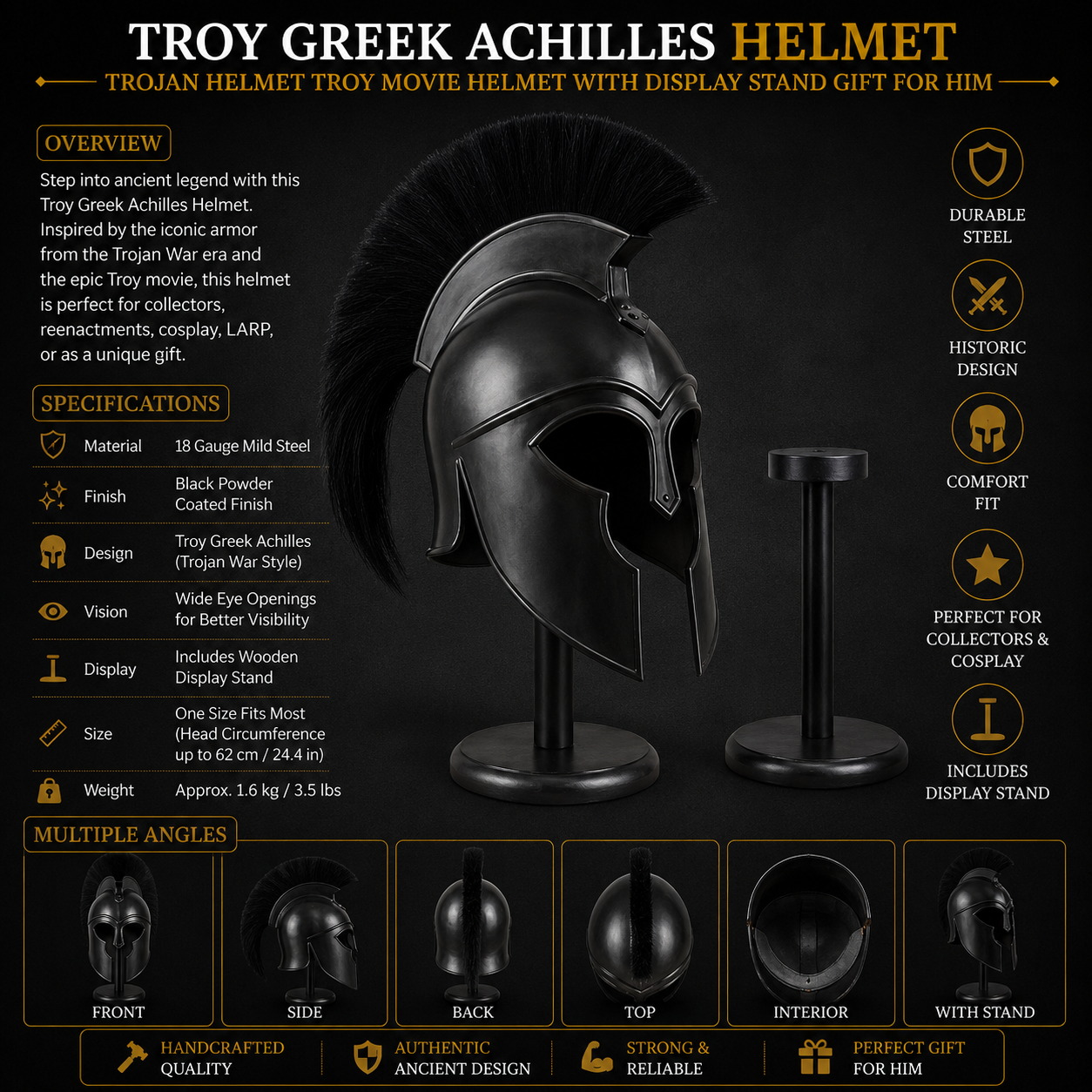 Troy Greek Achilles Helmet Trojan Helmet Troy Movie Helmet with Display Stand Gift for Him