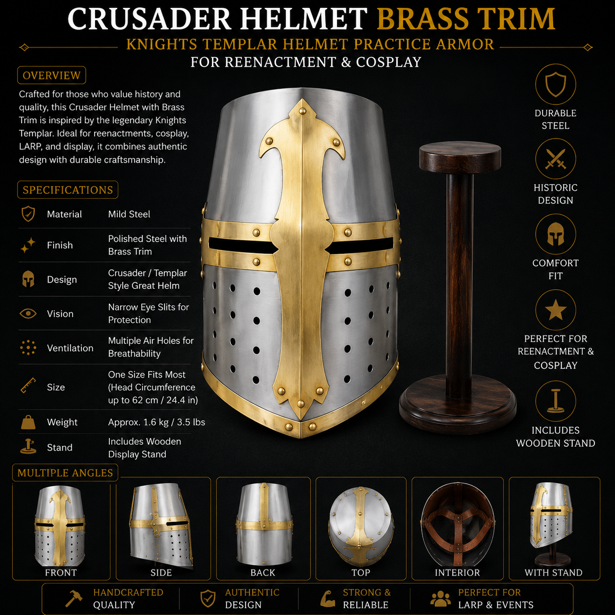 Crusader Helmet Brass Trim – Knights Templar Helmet Practice Armor for Reenactment & Cosplay