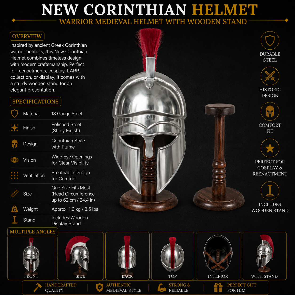 New Corinthian Helmet : Warrior Medieval Helmet with Wooden Stand