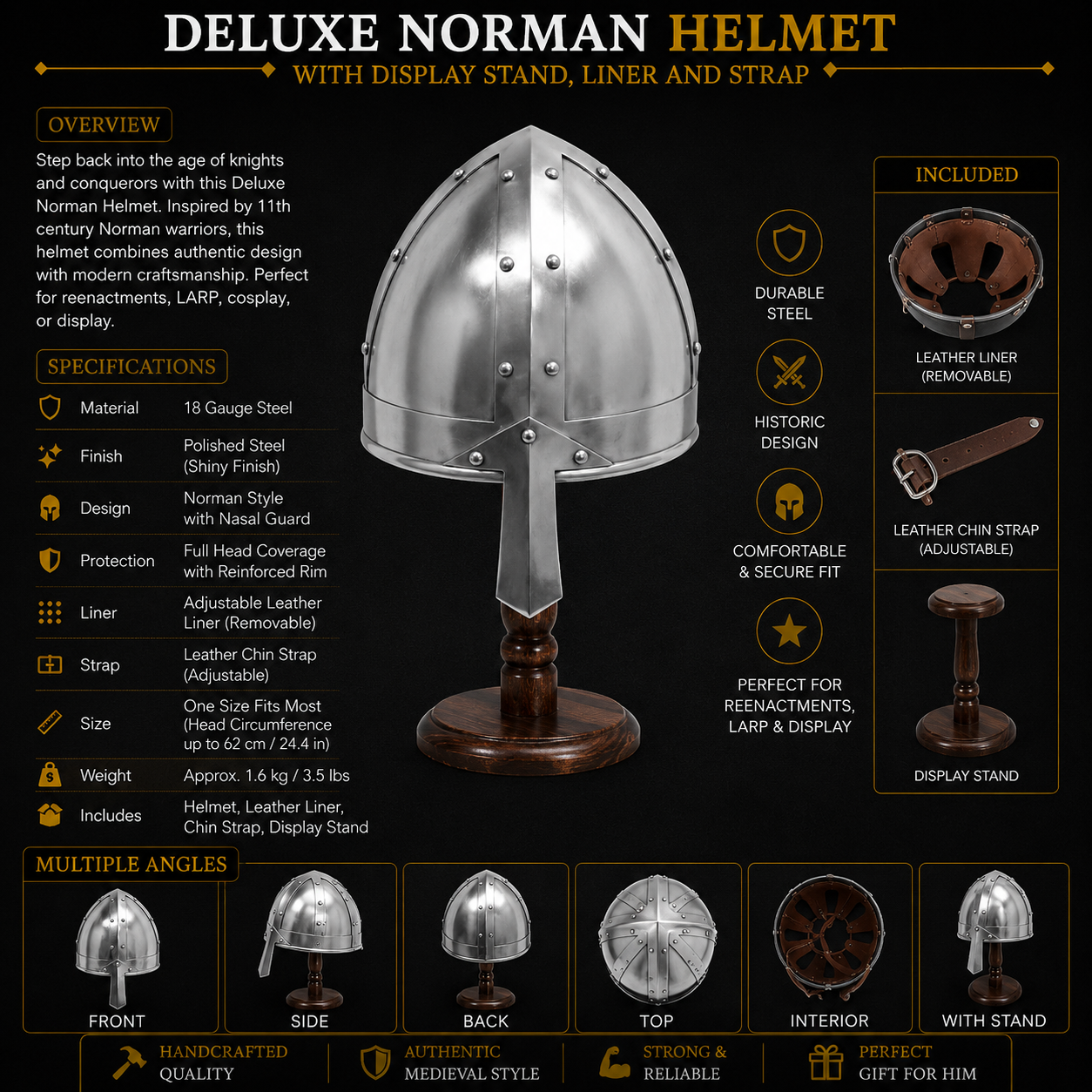 Deluxe Norman Helmet : With Display Stand, Liner and Strap, Medieval Nasal Helmet