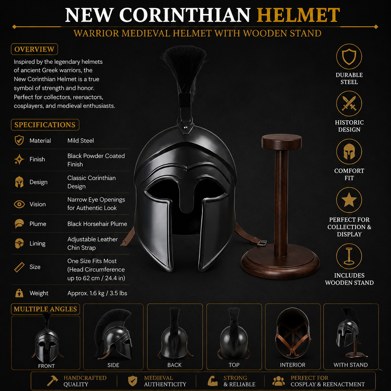 Corinthian Helmet : Warrior Medieval Helmet with Wooden Stand