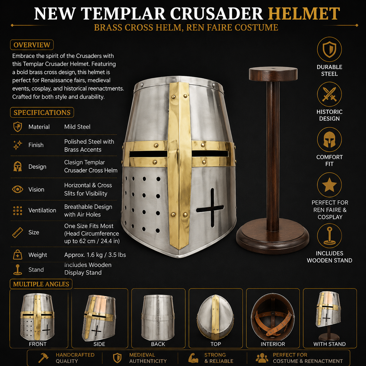 New Templar Crusader Helmet : Brass Cross Helm, Ren faire Costume ,