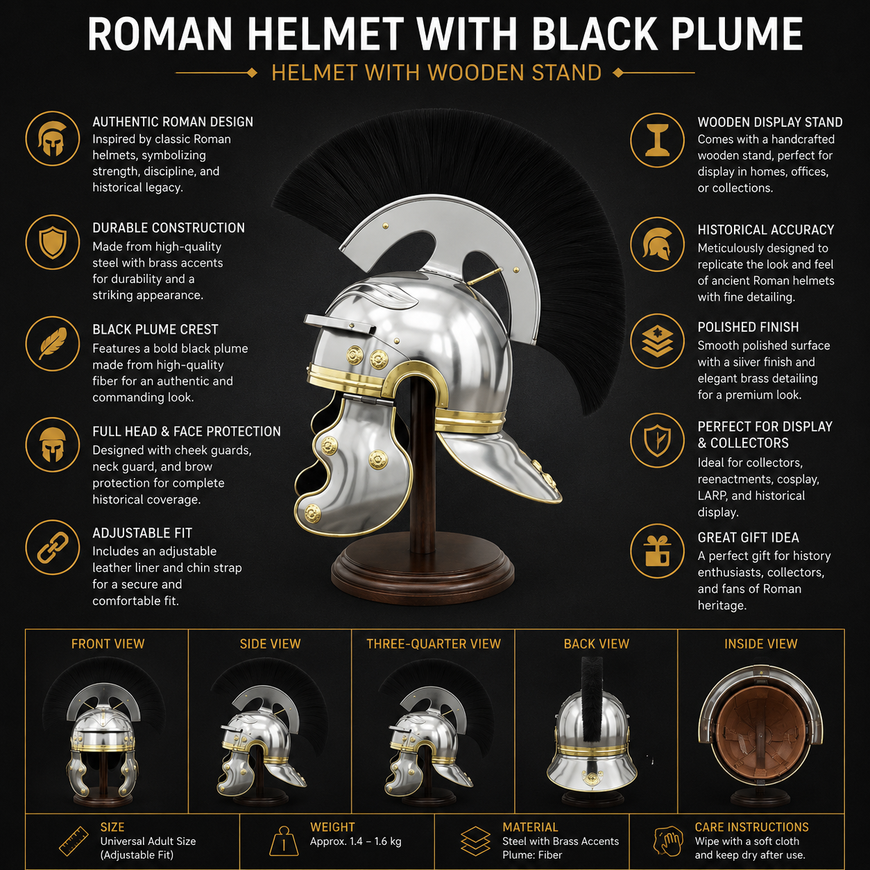 Roman Helmet With Black Plume : Helmet with Wooden Stand
