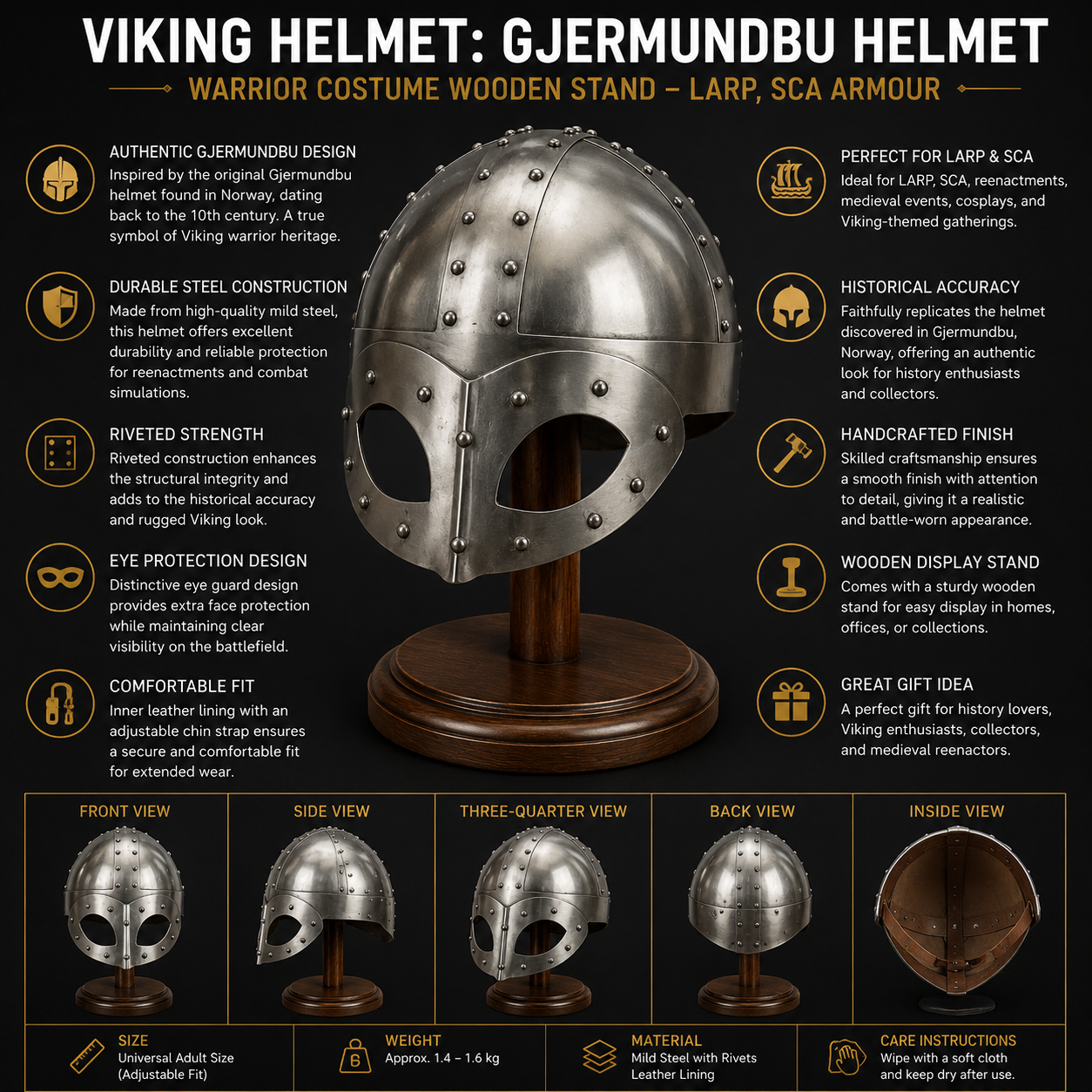 Viking Helmet: Gjermundbu Helmet , Warrior Costume wooden stand - LARP, SCA Armour