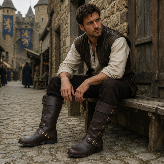 Medieval Renaissance Boots : Viking Pirate Style Ren faire Boots, Brown Reenactments Shoes ,