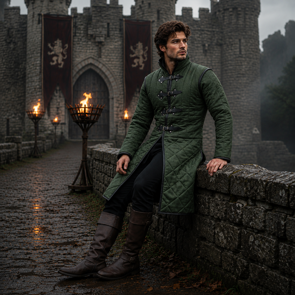 Medieval Long Gambeson with Black Leather Trim – Renfaire & LARP Halloween Costume