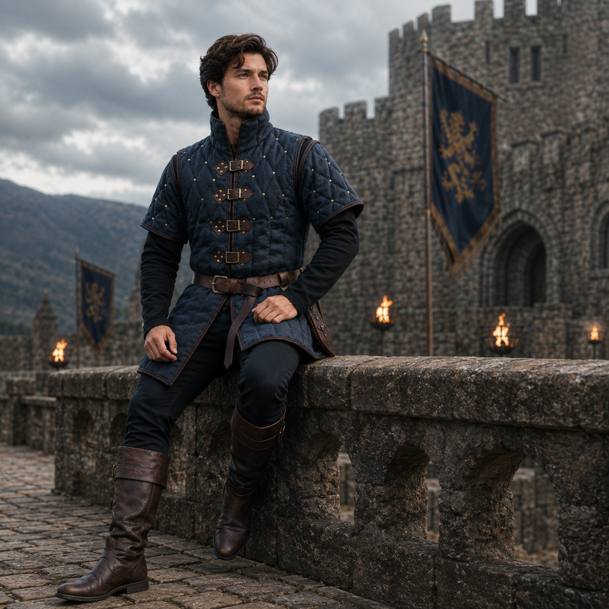 Quilted Gambeson with Brown Leather Trim: Renfaire Gabonese