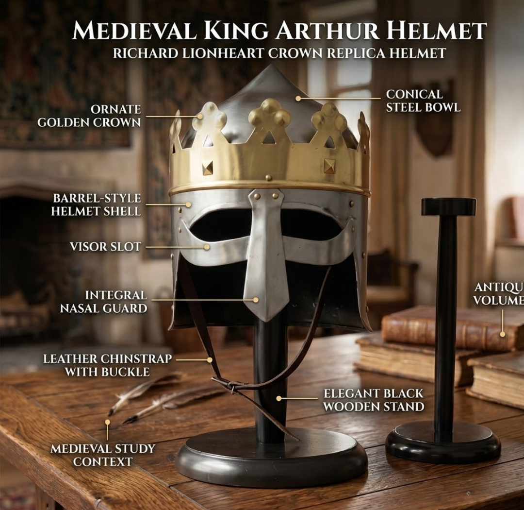 Medieval King Arthur Helmet : Richard Lion heart Crown Replica Helmet Wooden Stand