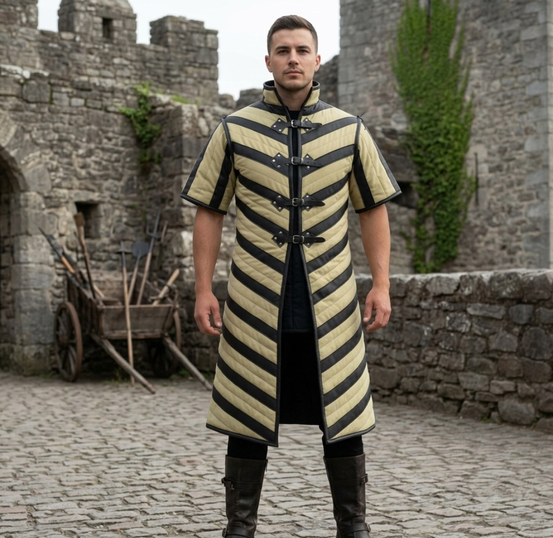 Ren Faire Gambeson – Green with Black Leather Trim