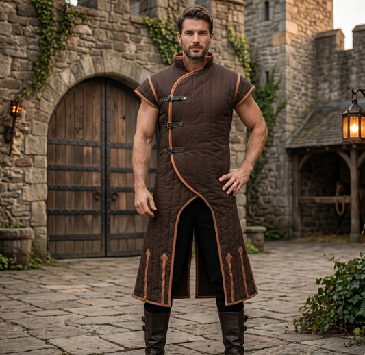 Medieval Gambeson Costume With Brown Leather Trim: Renfaire Larp for Halloween Costume