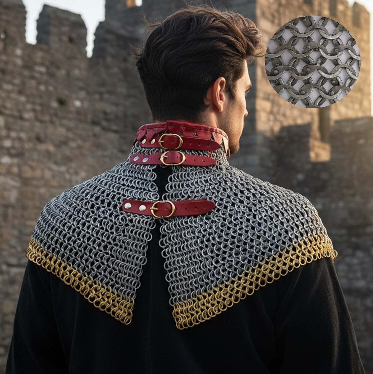 Chainmail Neck Collar Armor – Flat Riveted & Washer with Brass Rows