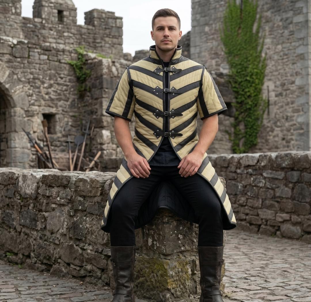 Ren Faire Gambeson – Green with Black Leather Trim