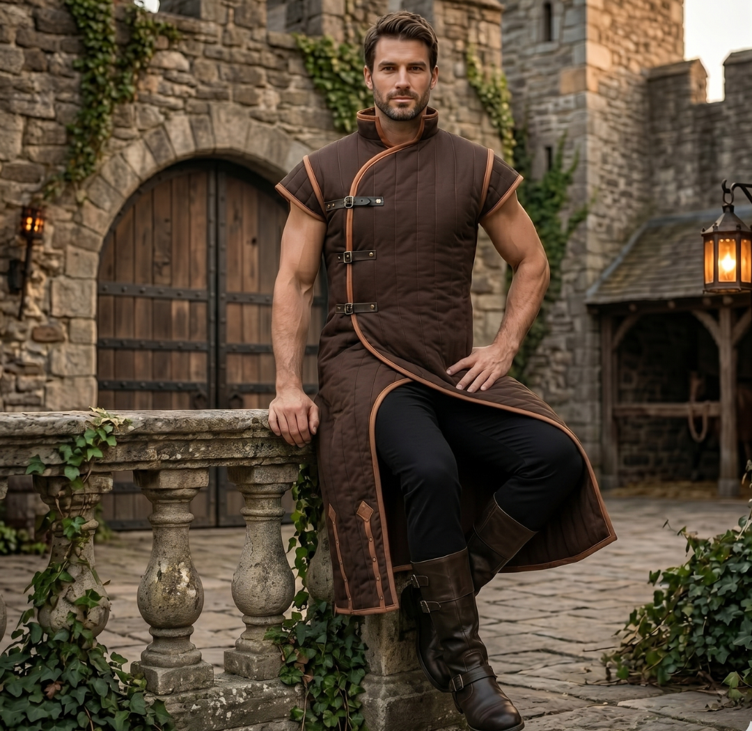 Medieval Gambeson Costume With Brown Leather Trim: Renfaire Larp for Halloween Costume
