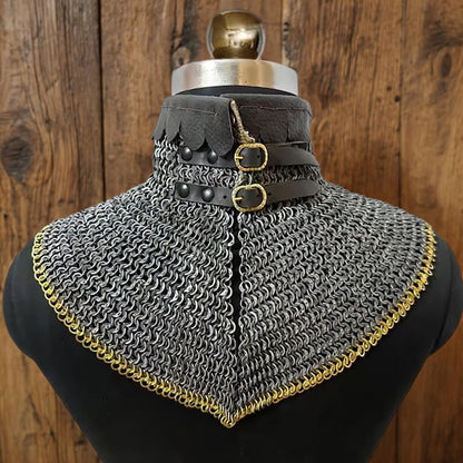 9mm Chainmail Gorget - Flat Riveted Ring with Brass Trim Medieval Collar for Halloween