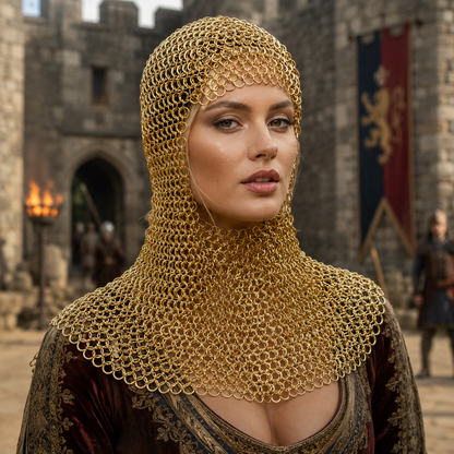 Ren Faire Brass Chainmail Coif – 9mm Flat Riveted with Washer
