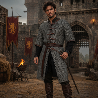Medieval 9mm Chainmail Hauberk - Flat Riveted Mild Steel Armor - SCA Combat & Reenactment - Half Sleeve