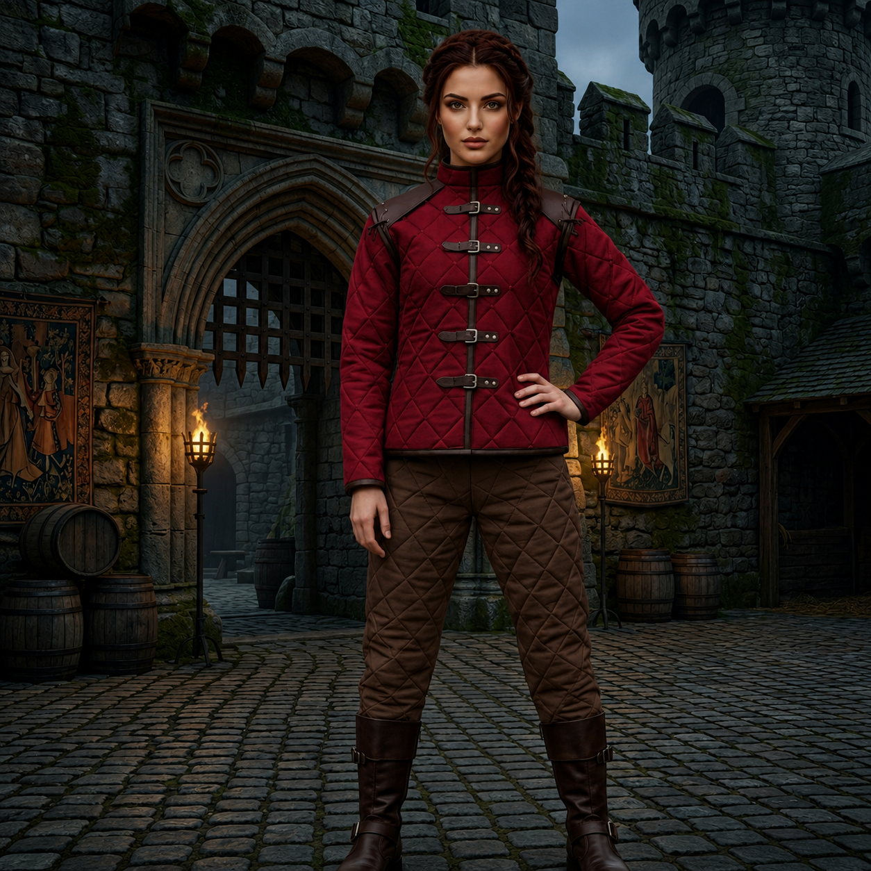 Medieval Gambeson Costume With Brown Leather Trim: Renfaire Larp for Halloween Costume