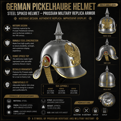 German Pickelhaube Helmet Steel Spiked Helmet Prussian Military Replica Armor