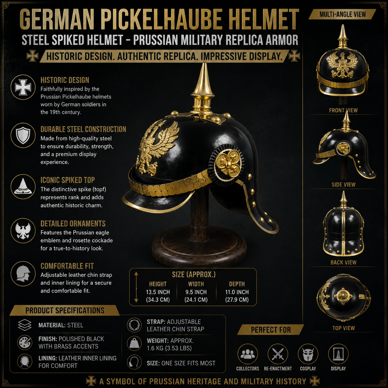 Black German Pickelhaube Helmet Prussian Spiked Military Armor Replica Hat