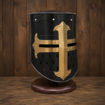 Black Knight Helmet with Wooden Stand – Collectible Armor, Museum Display,
