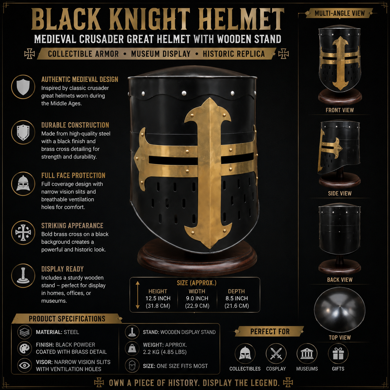 Black Knight Helmet with Wooden Stand – Collectible Armor, Museum Display,