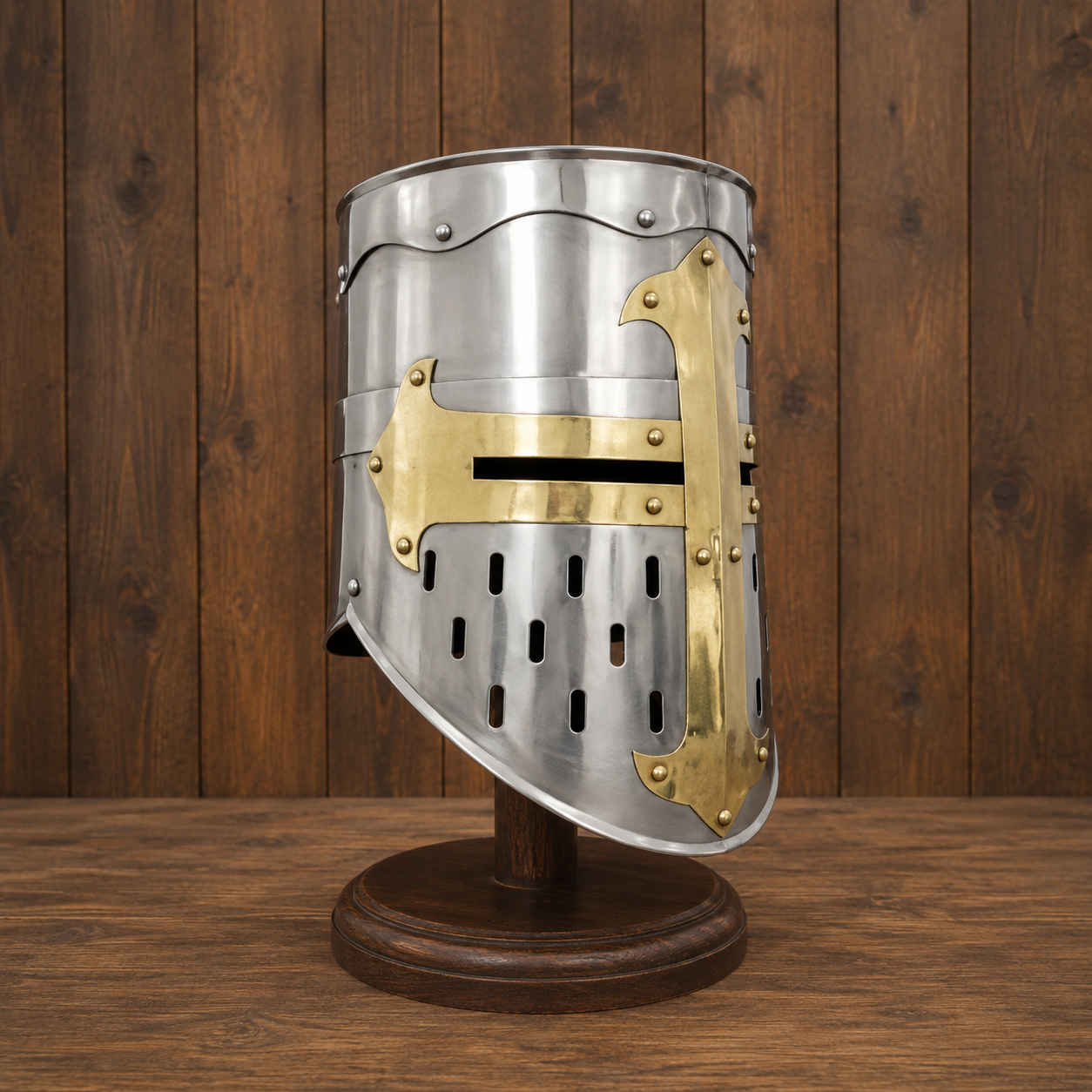 Medieval Knight Helmet with Wooden Stand – Collectible Armor, Museum Display,