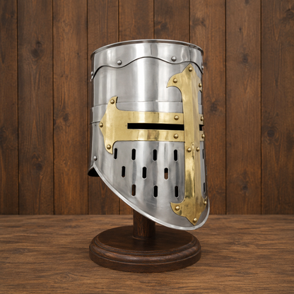 Medieval Knight Helmet with Wooden Stand – Collectible Armor, Museum Display,