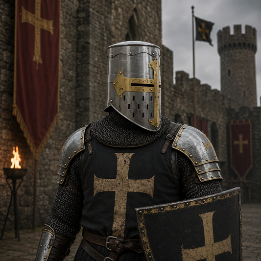 Medieval Knight Helmet with Wooden Stand – Collectible Armor, Museum Display,