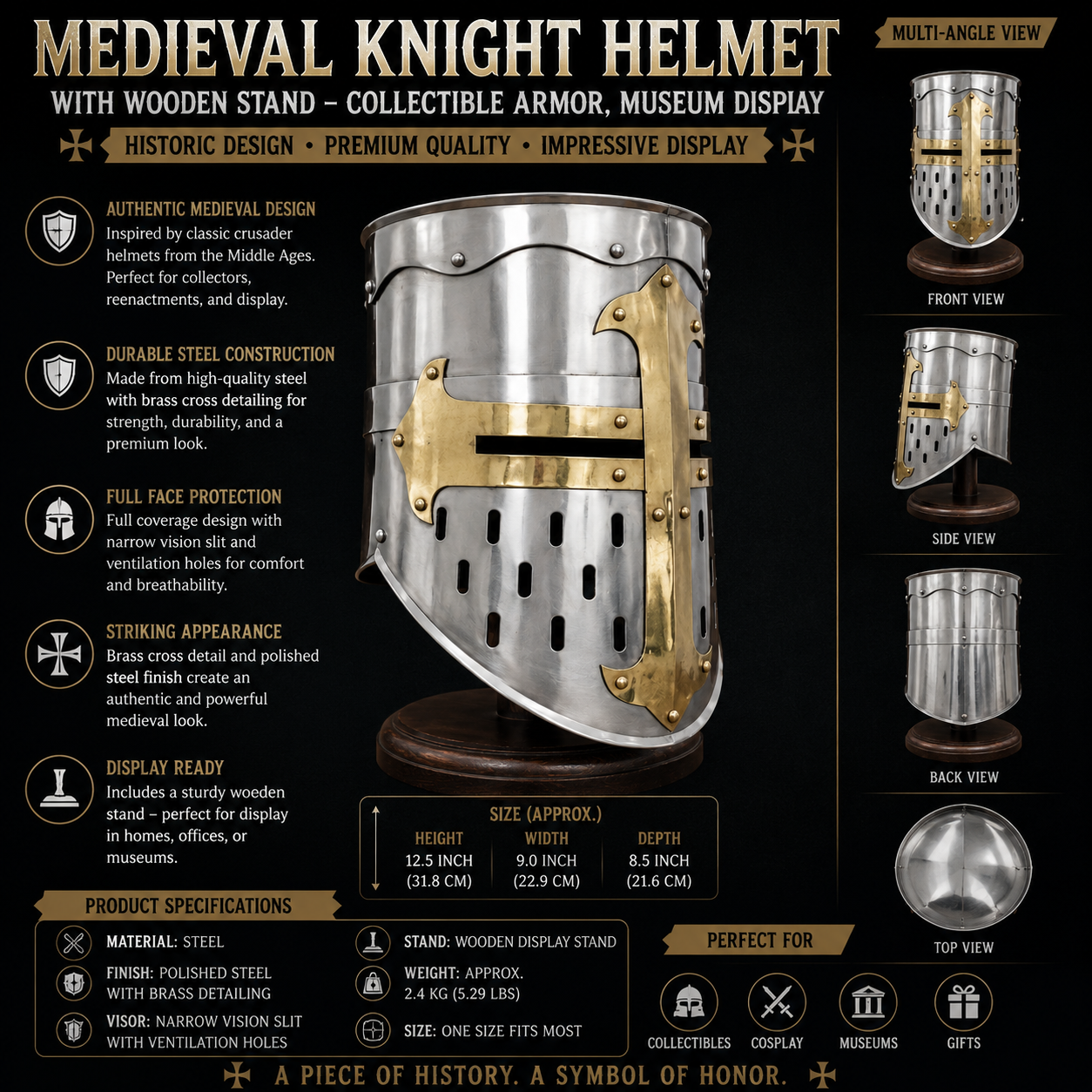 Medieval Knight Helmet with Wooden Stand – Collectible Armor, Museum Display,