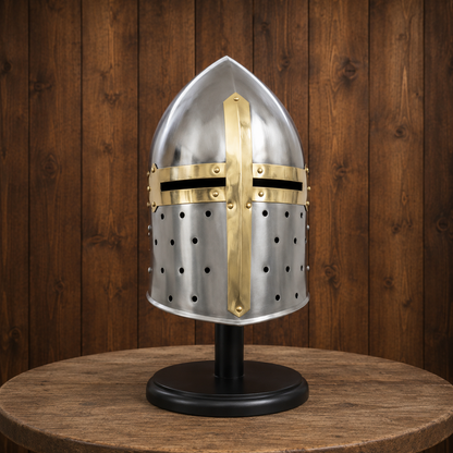 New Suger-loaf Helmet with wooden stand , Silver Crusader Helmet