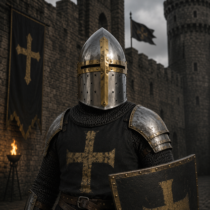 New Suger-loaf Helmet with wooden stand , Silver Crusader Helmet