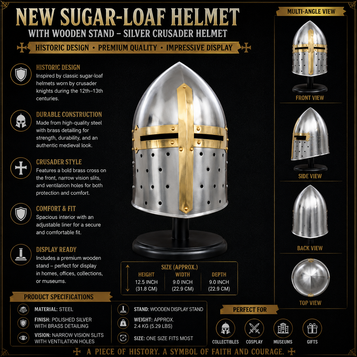 New Suger-loaf Helmet with wooden stand , Silver Crusader Helmet