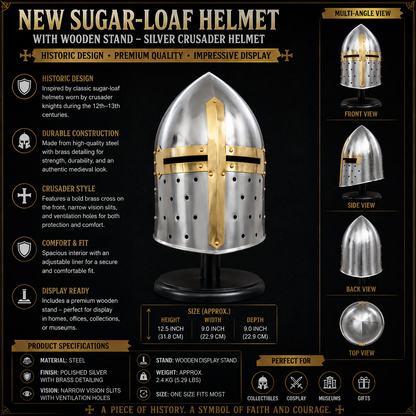 New Suger-loaf Helmet with wooden stand , Silver Crusader Helmet