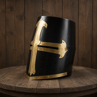 Black Crusader Helmet Brass Trim – Knights Templar Helmet Practice Armor for Reenactment & Cosplay