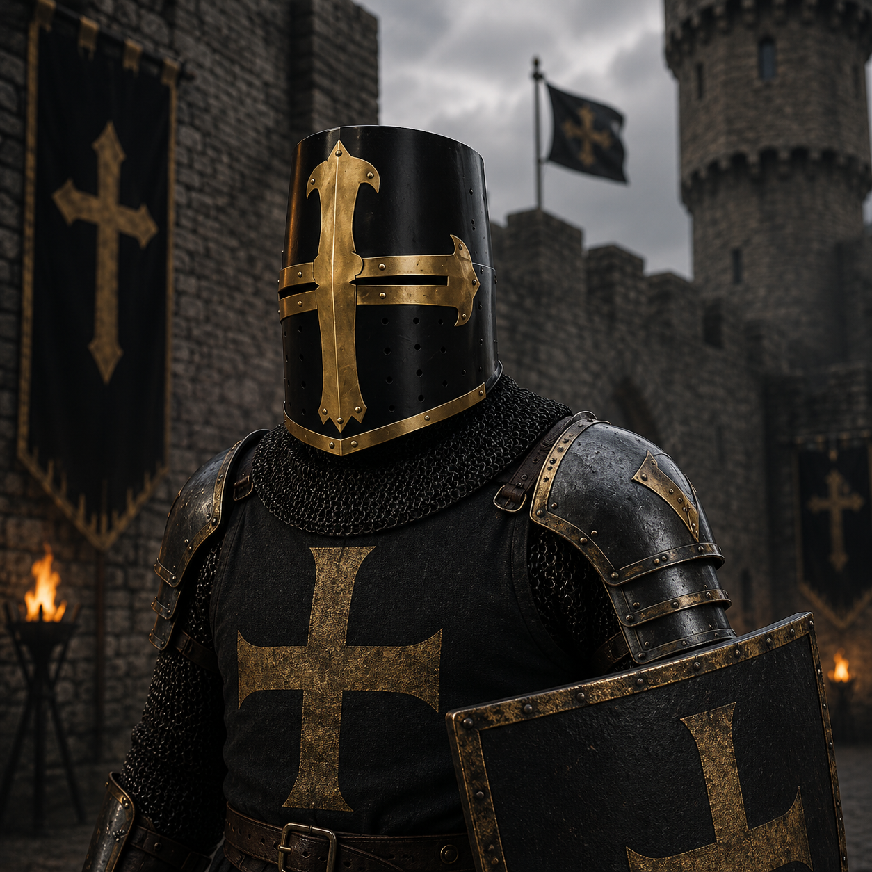 Black Crusader Helmet Brass Trim – Knights Templar Helmet Practice Armor for Reenactment & Cosplay