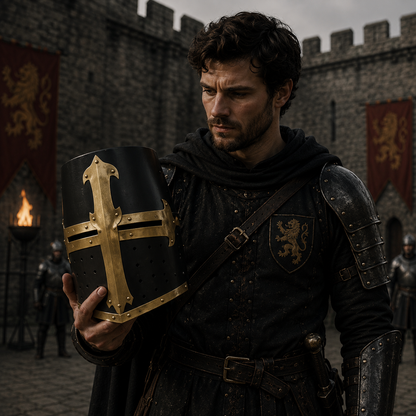 Black Crusader Helmet Brass Trim – Knights Templar Helmet Practice Armor for Reenactment & Cosplay