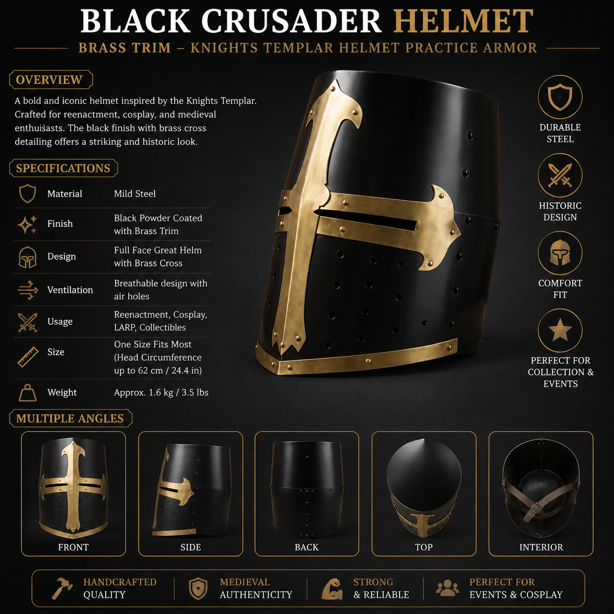 Black Crusader Helmet Brass Trim – Knights Templar Helmet Practice Armor for Reenactment & Cosplay