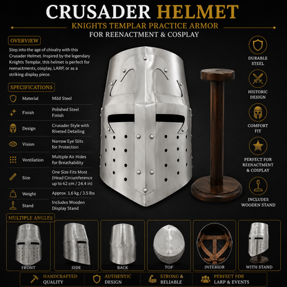 Crusader Helmet with wooden stand – Knights Templar Practice Armor for Reenactment & Cosplay