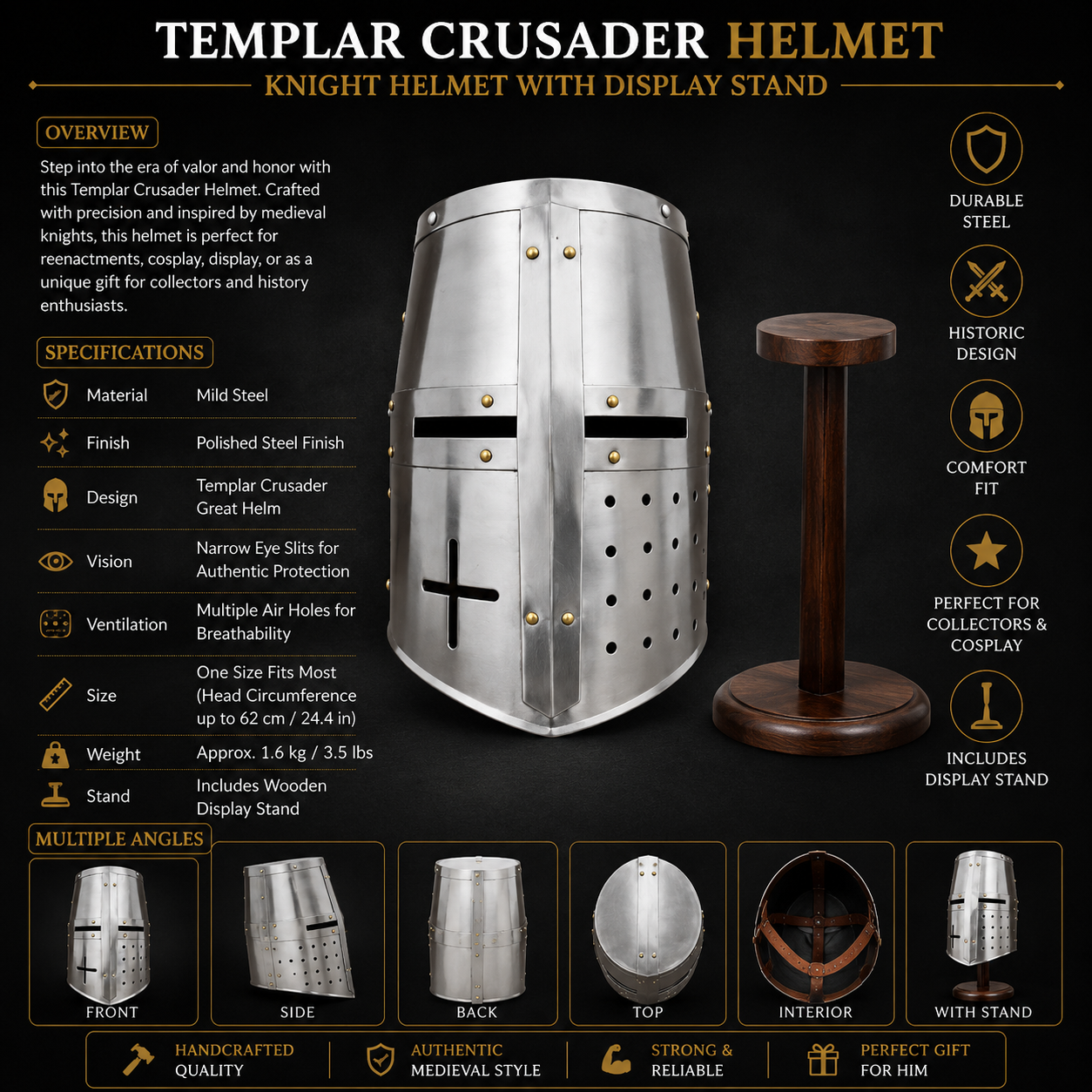 Templar Crusader Helmet with Display Stand : Knight helmet , Gift for Him