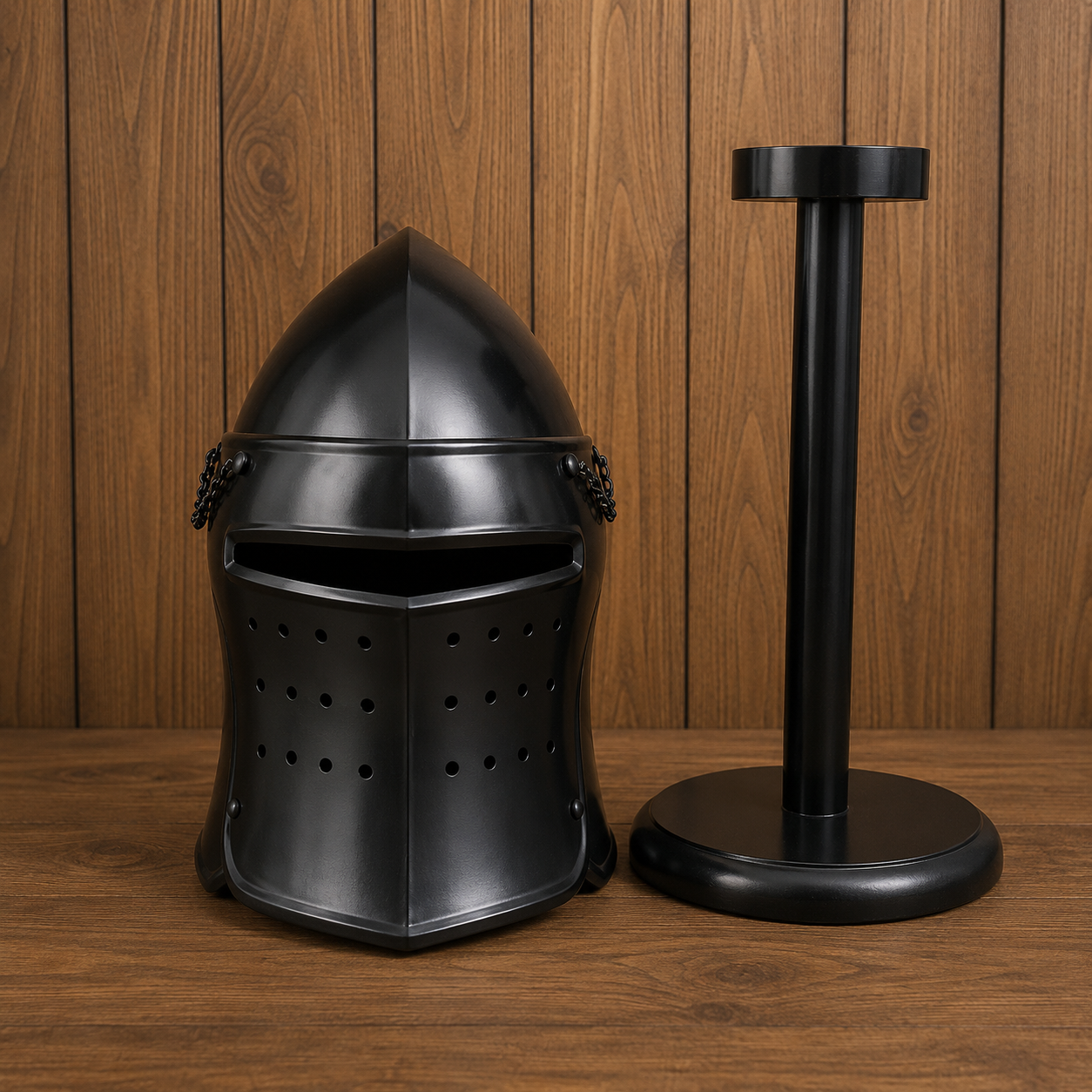 Black Barbute Helmet | Barbuta Reenactment Helmet | With Stand For Cosplay And Costumes