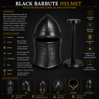 Black Barbute Helmet | Barbuta Reenactment Helmet | With Stand For Cosplay And Costumes