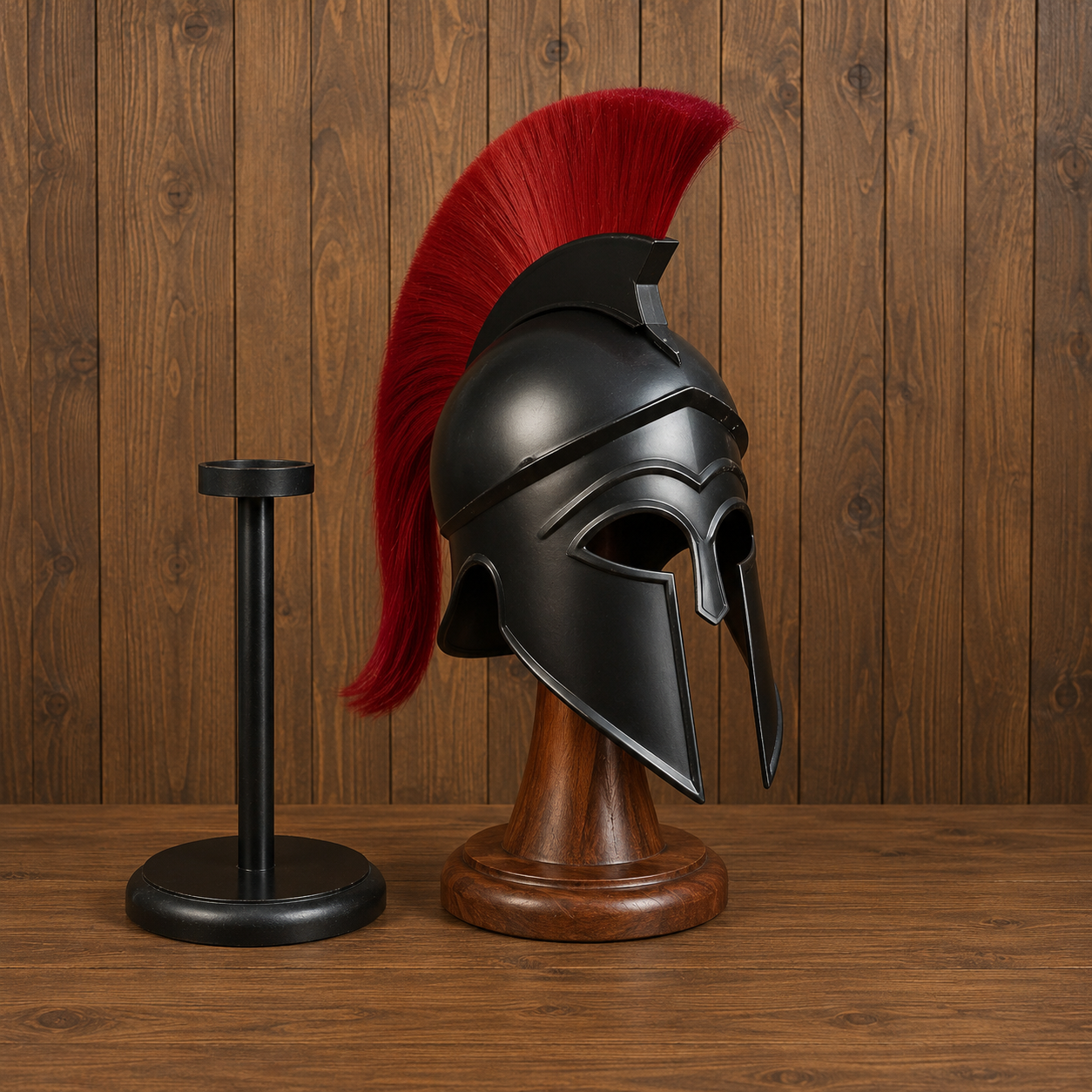 Black Corinthian Helmet : Corinthian Helmet Red Hair  With Wooden Stand